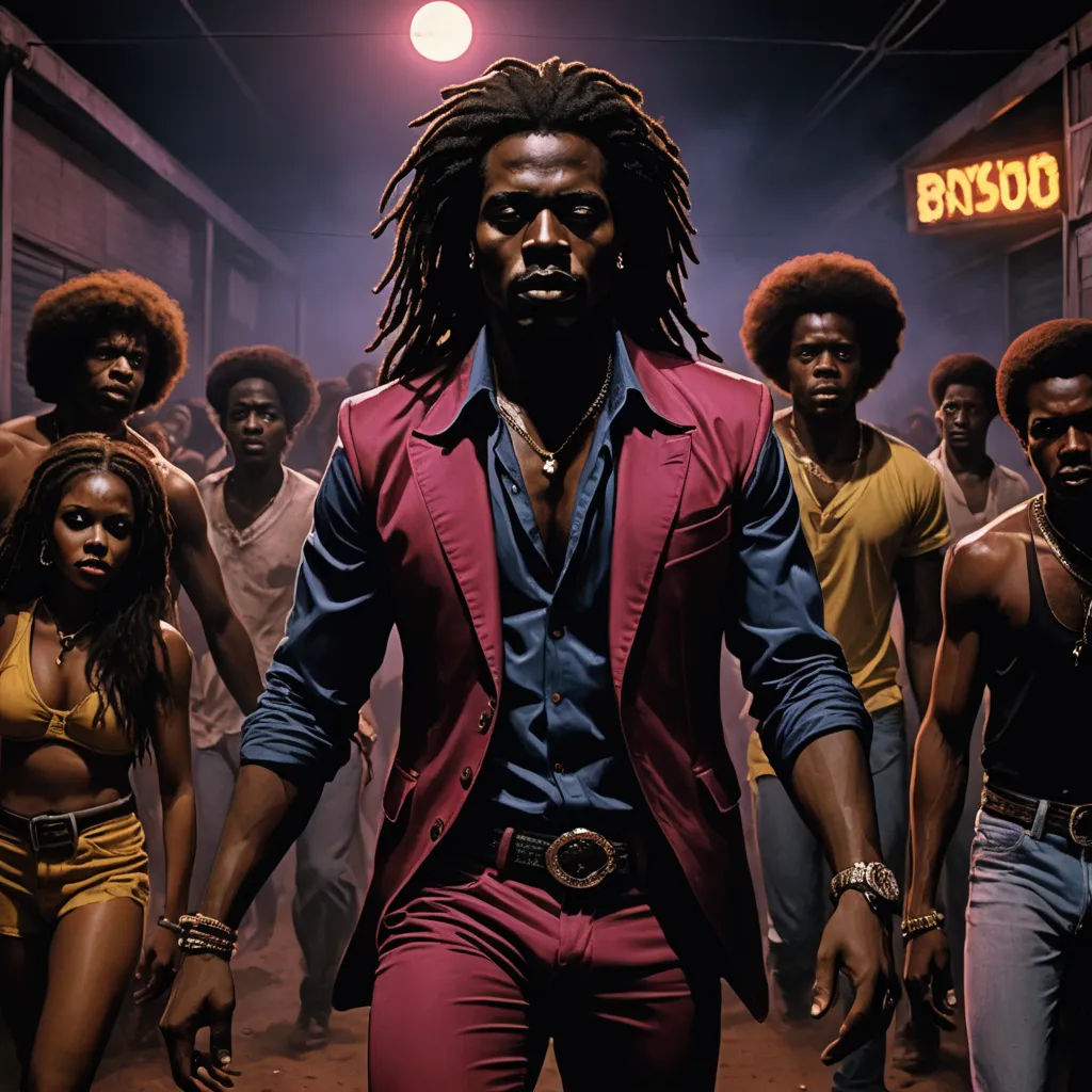 a man with dreadlocks walking in front of a group of people in a dark alleyway with a neon sign, black arts movement, poster art, Derold Page, promotional image