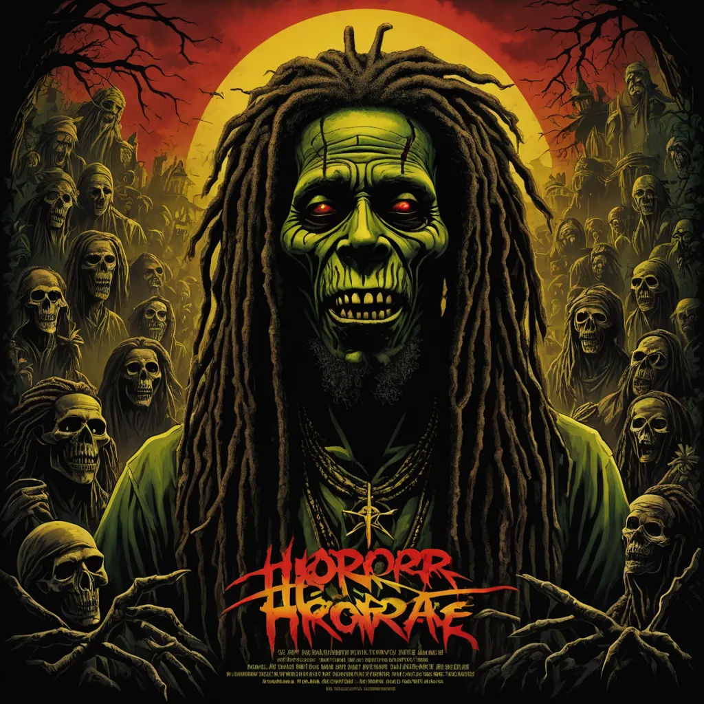 a poster of a zombie with dreads and blood on it's face and eyes, surrounded by zombies, gothic art, poster art, Dirk Crabeth, horror