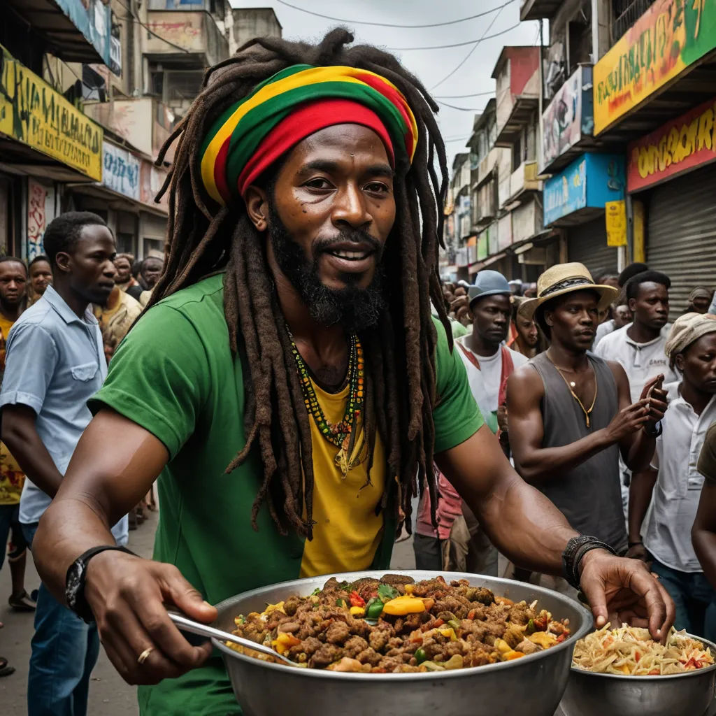 a man with dreadlocks holding a large bowl of food in a crowded street with people in the background, excessivism, a character portrait, Chafik Charobim, award-winning photograph