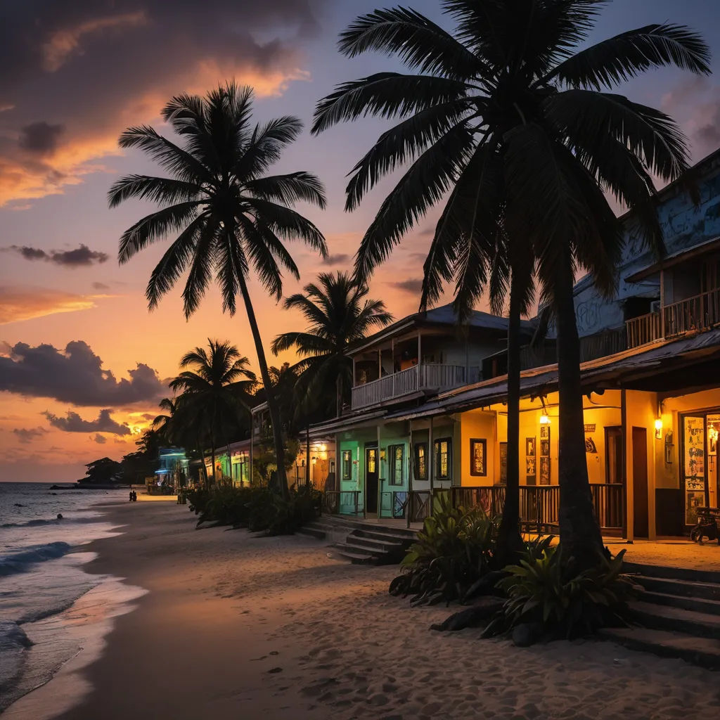 a beach side resort with a palm tree and a sunset in the background with a building and stairs leading to the beach, magic realism, a matte painting, Evgeny Lushpin, award - winning photography