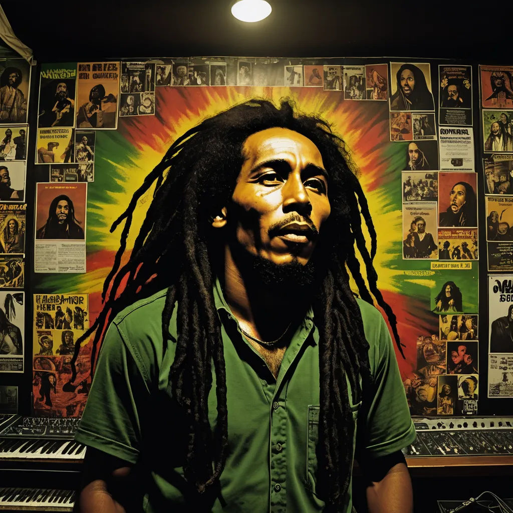 a man with dreadlocks standing in front of a wall with posters on it and a keyboard in front of him, black arts movement, a colorized photo, Andrew Boog Faithfull, roots