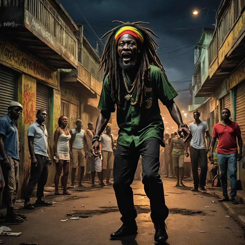 a man with dreadlocks is dancing in a street with a group of people in the background in a dark alley, black arts movement, a photorealistic painting, Derold Page, cinematic photography