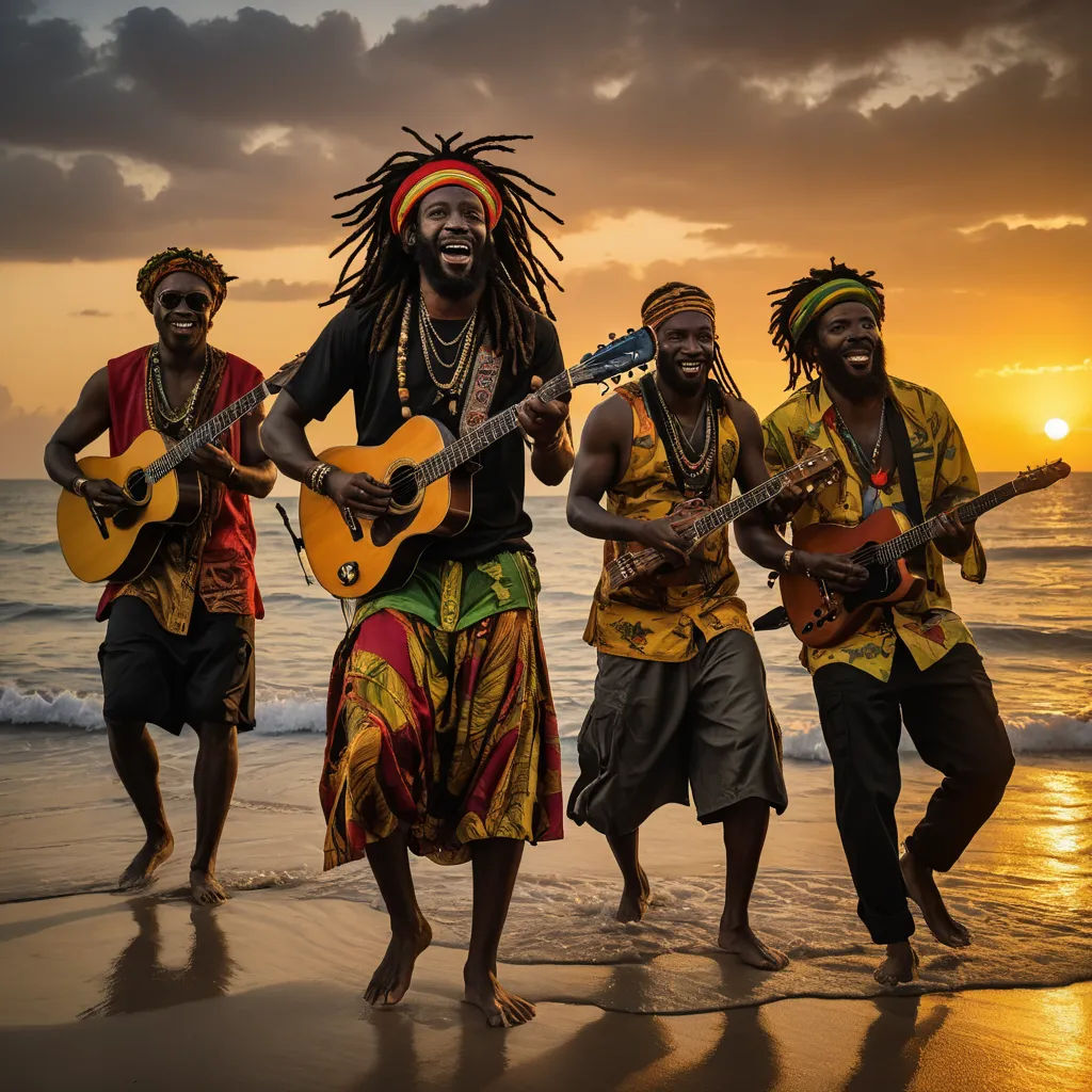 a group of men playing guitar on the beach at sunset with the sun setting in the background and the ocean in the foreground, art photography, a stock photo, Ella Guru, promotional image