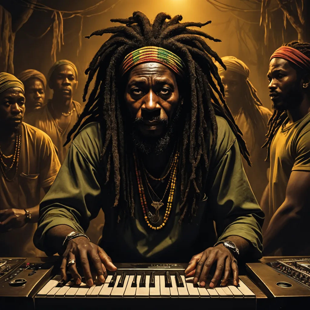 a man with dreadlocks sitting at a keyboard in front of a group of people in a dark room, black arts movement, poster art, Chafik Charobim, roots