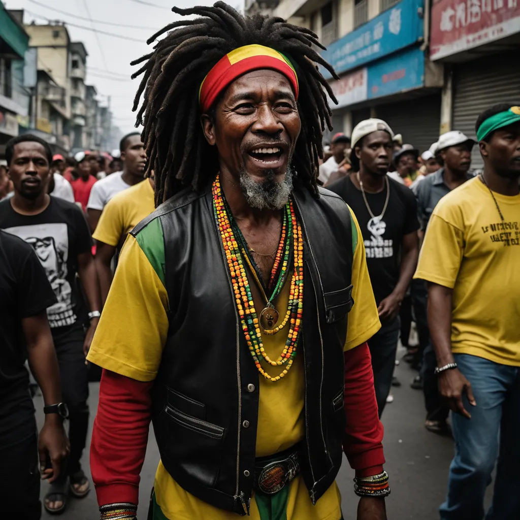 a man with dreadlocks and a leather vest on walking in a street with other people in the background, sumatraism, a character portrait, Andrew Boog Faithfull, roots