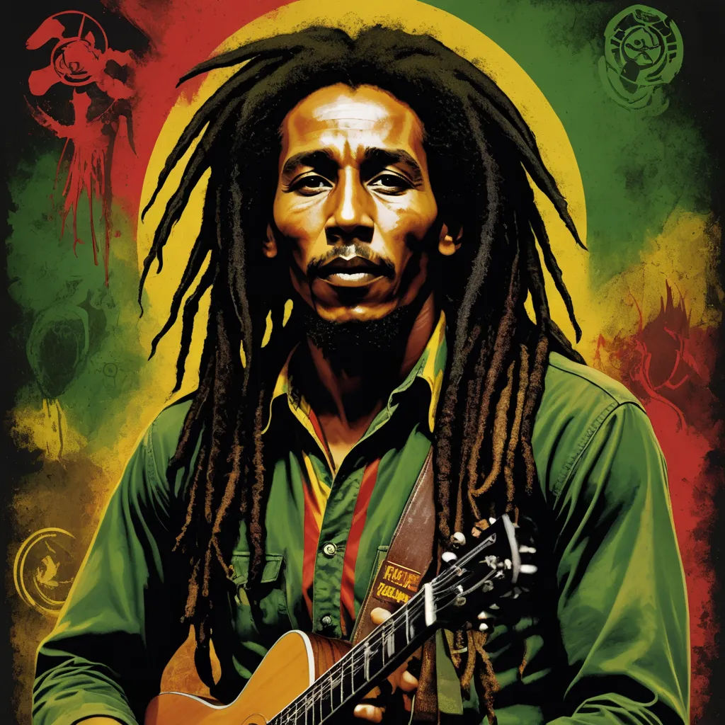 a man with dreadlocks holding a guitar in front of a red and green background with a yellow moon, black arts movement, a colorized photo, Bob Singer, roots
