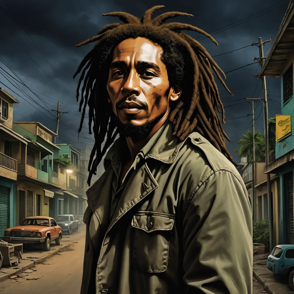a painting of a man with dreadlocks on his head standing in a street with cars parked on the side of the road, photorealism, a digital painting, Bob Singer, roots