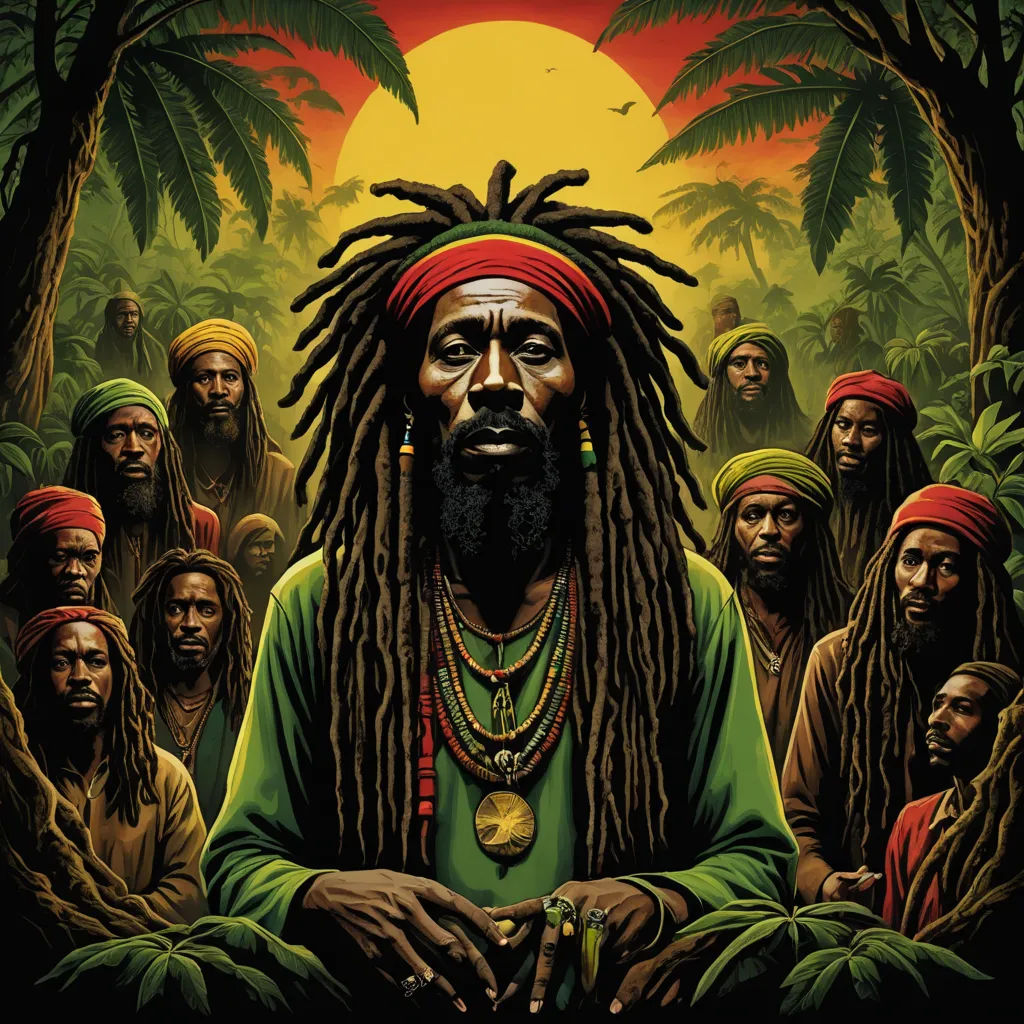 a painting of a man with dreadlocks and a green shirt surrounded by other men in a jungle, les nabis, an album cover, Andrew Boog Faithfull, roots