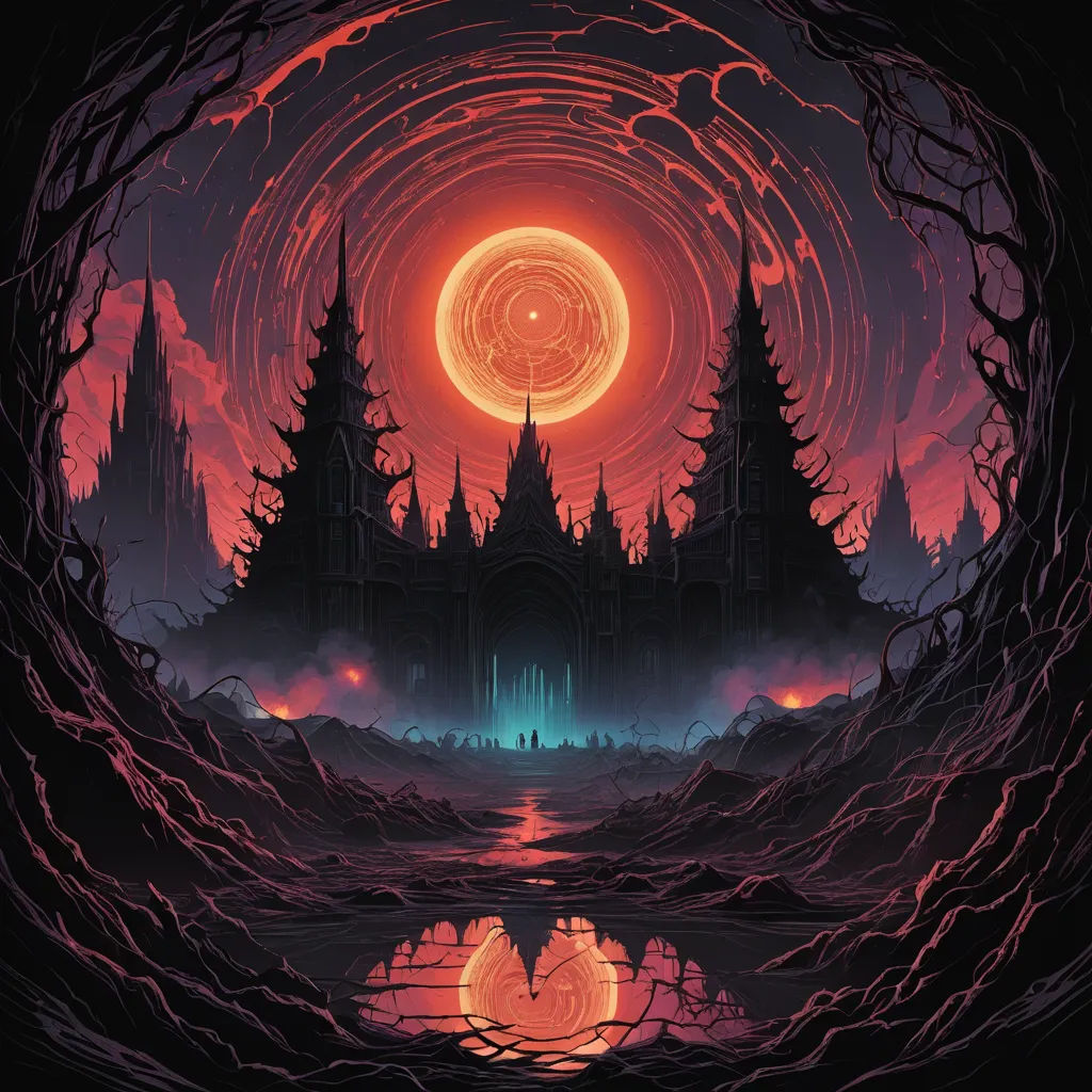 a painting of a castle with a red and blue sky in the background and a red and orange circle, sots art, poster art, Dan Mumford, rossdraws global illumination