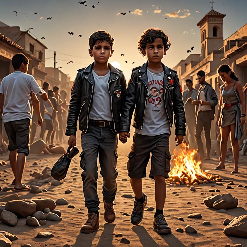 two boys walking down a street with a fire in the middle of the street and a group of people in the background, Eddie Mendoza, art photography, poster art, promotional image