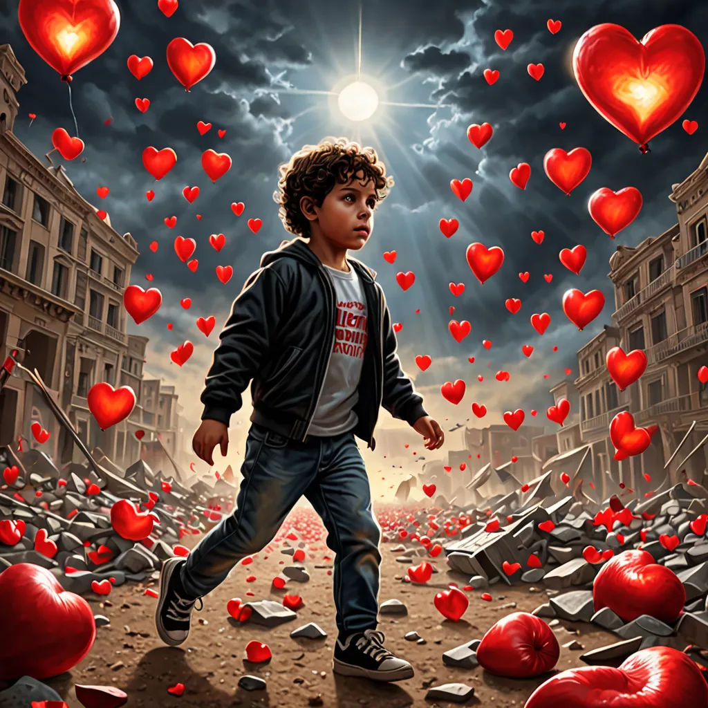 a boy is walking through a heart filled street with hearts floating in the air and buildings in the background, Cyril Rolando, fantastic realism, graffiti art, highly detailed digital painting