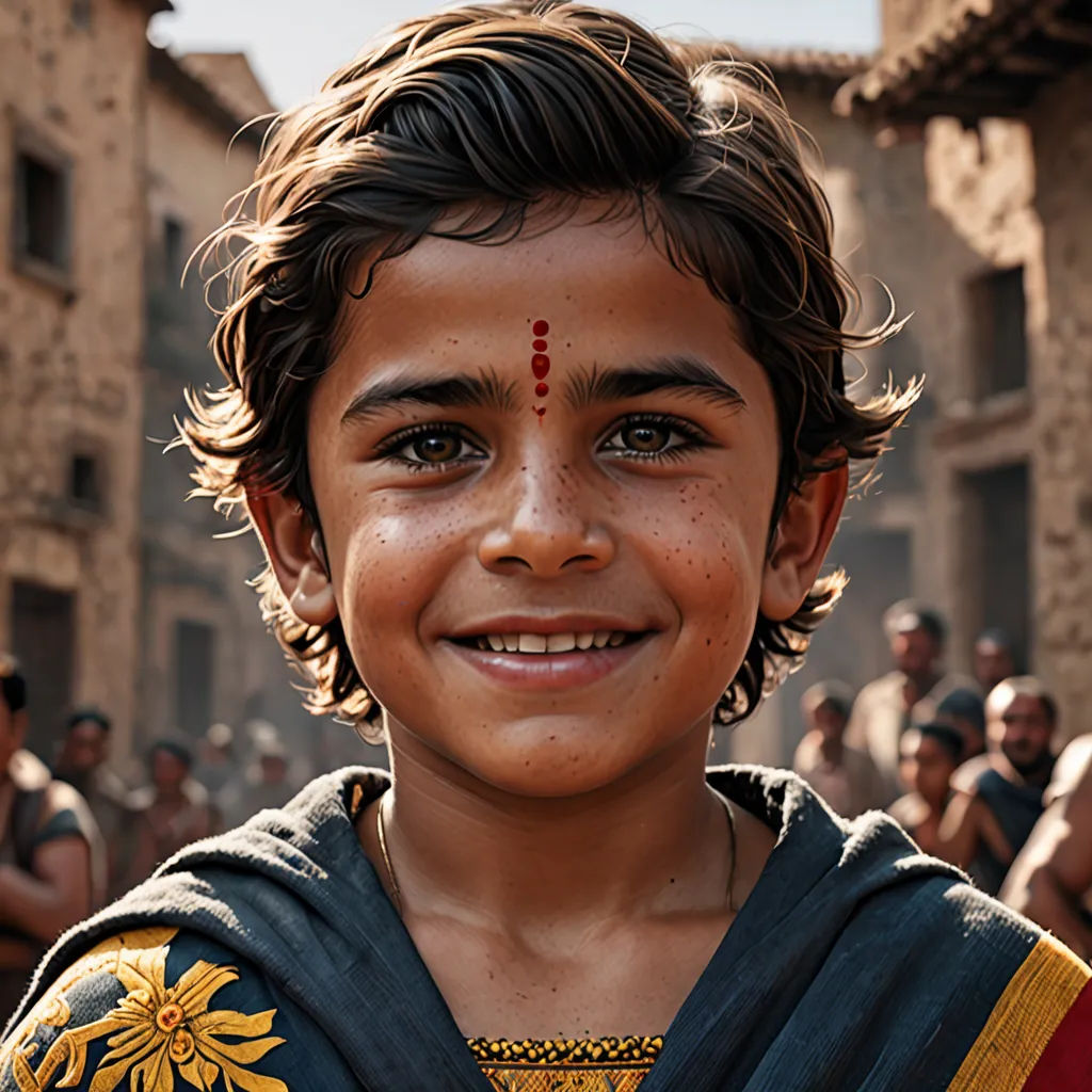 a young boy with a smile on his face and a group of people in the background in a village, Ella Guru, samikshavad, computer graphics, promotional image