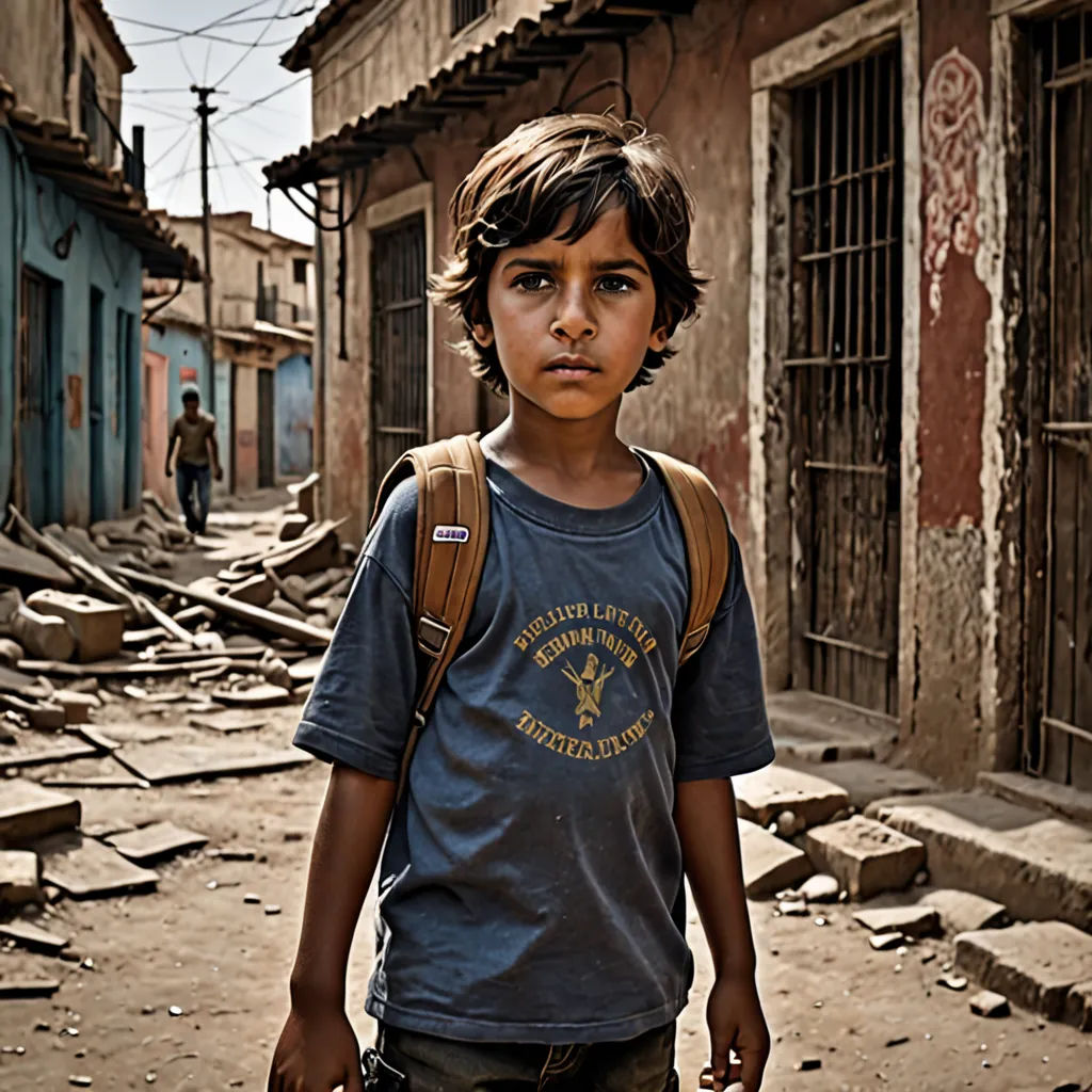 a young boy standing in a run down alleyway with a backpack on his back and a backpack on his shoulder, Diego Gisbert Llorens, art photography, a character portrait, cinematic photography