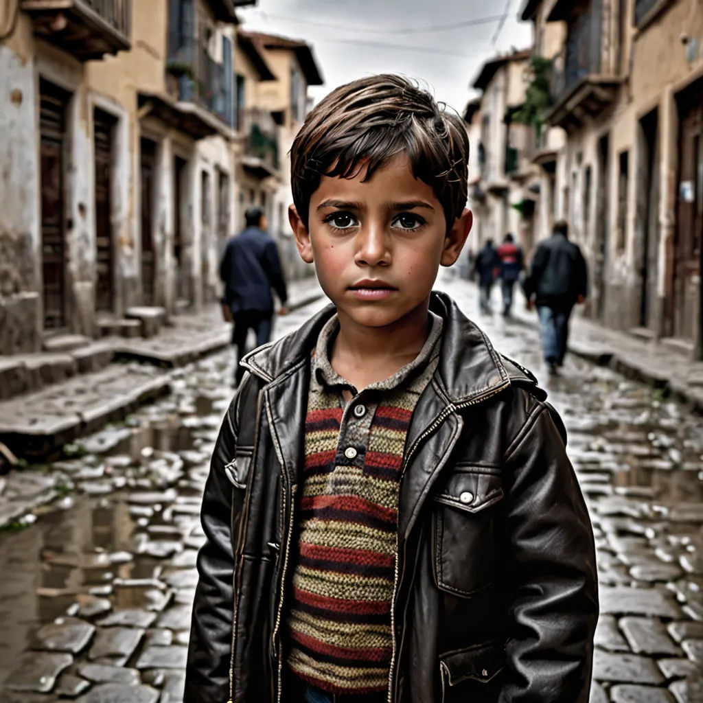a young boy standing in a street with people walking by on a rainy day in a city with cobblestone streets, Arthur Sarkissian, art photography, a character portrait, award-winning photograph