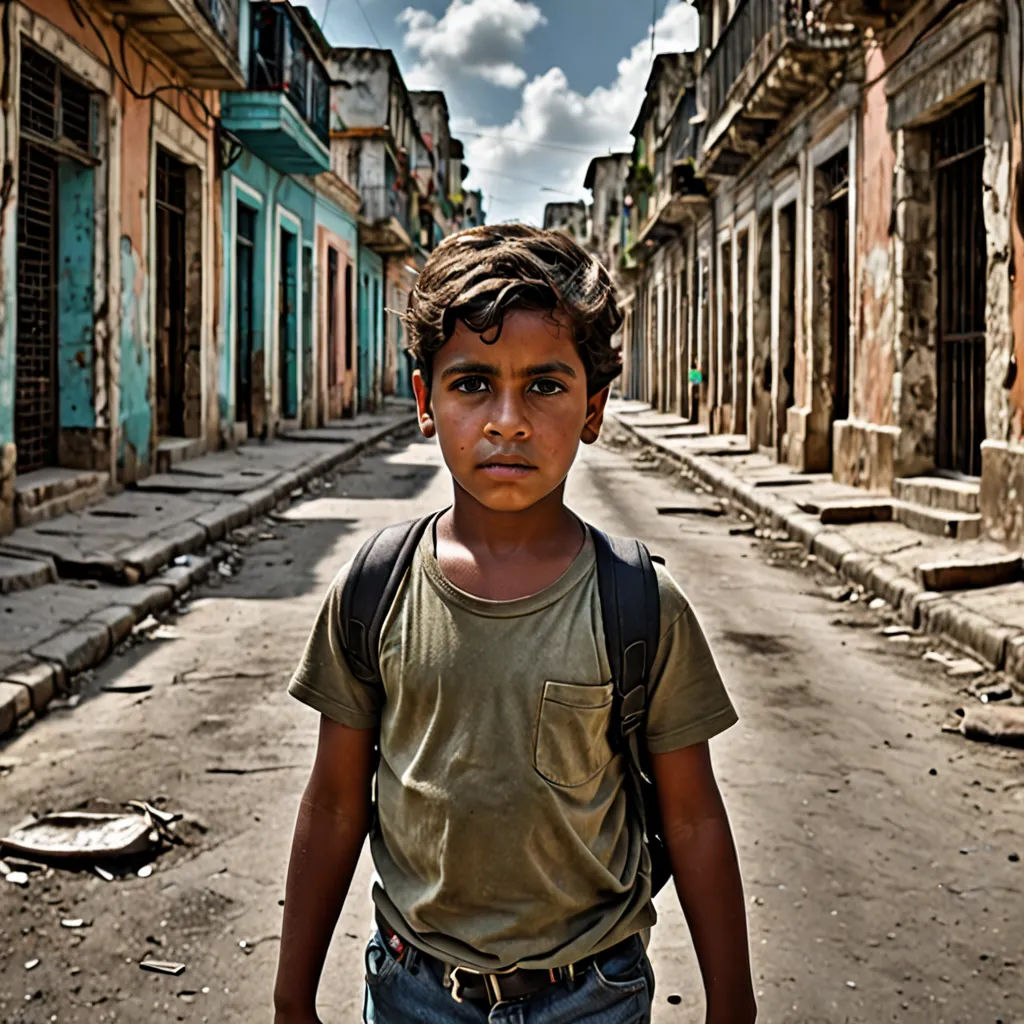 a young boy standing in an old street with a backpack on his back and a backpack on his shoulder, Daniel Lieske, neoism, a colorized photo, award-winning photograph