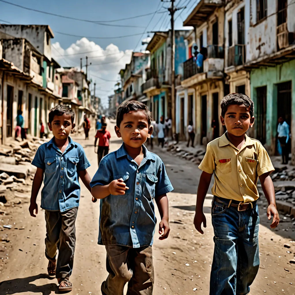 three young boys walking down a dirt road in a village with buildings in the background and a few people walking on the street, Daniel Lieske, quito school, a microscopic photo, award - winning photography
