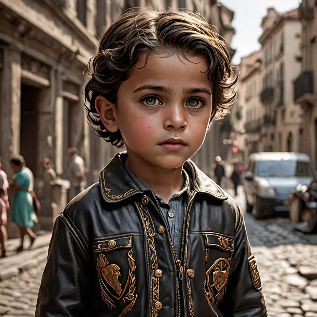 a young boy in a leather jacket standing on a cobblestone street in a city with cars and pedestrians, Altoon Sultan, photorealism, a photorealistic painting, photoreal
