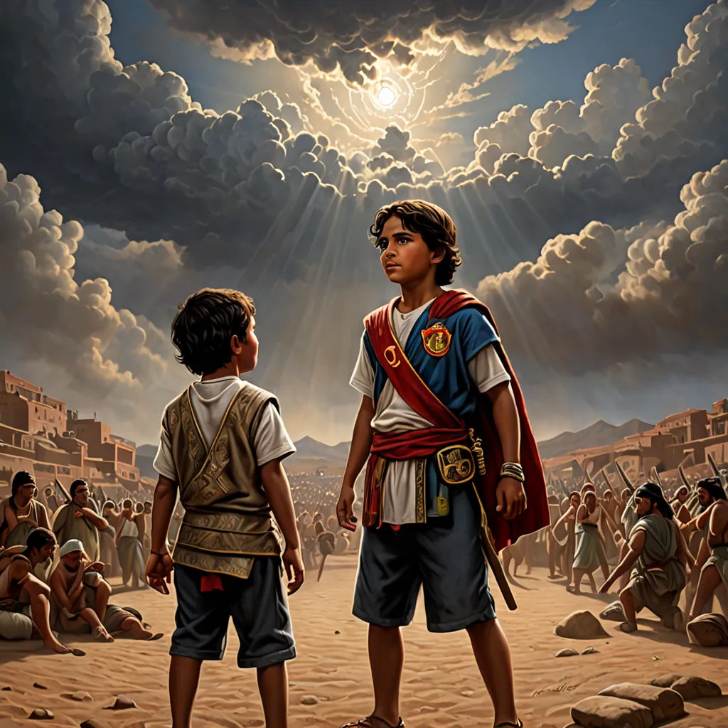 a painting of two boys standing in front of a crowd of people under a cloudy sky with a sun shining, Brothers Hildebrandt, serial art, a detailed painting, highly detailed digital painting