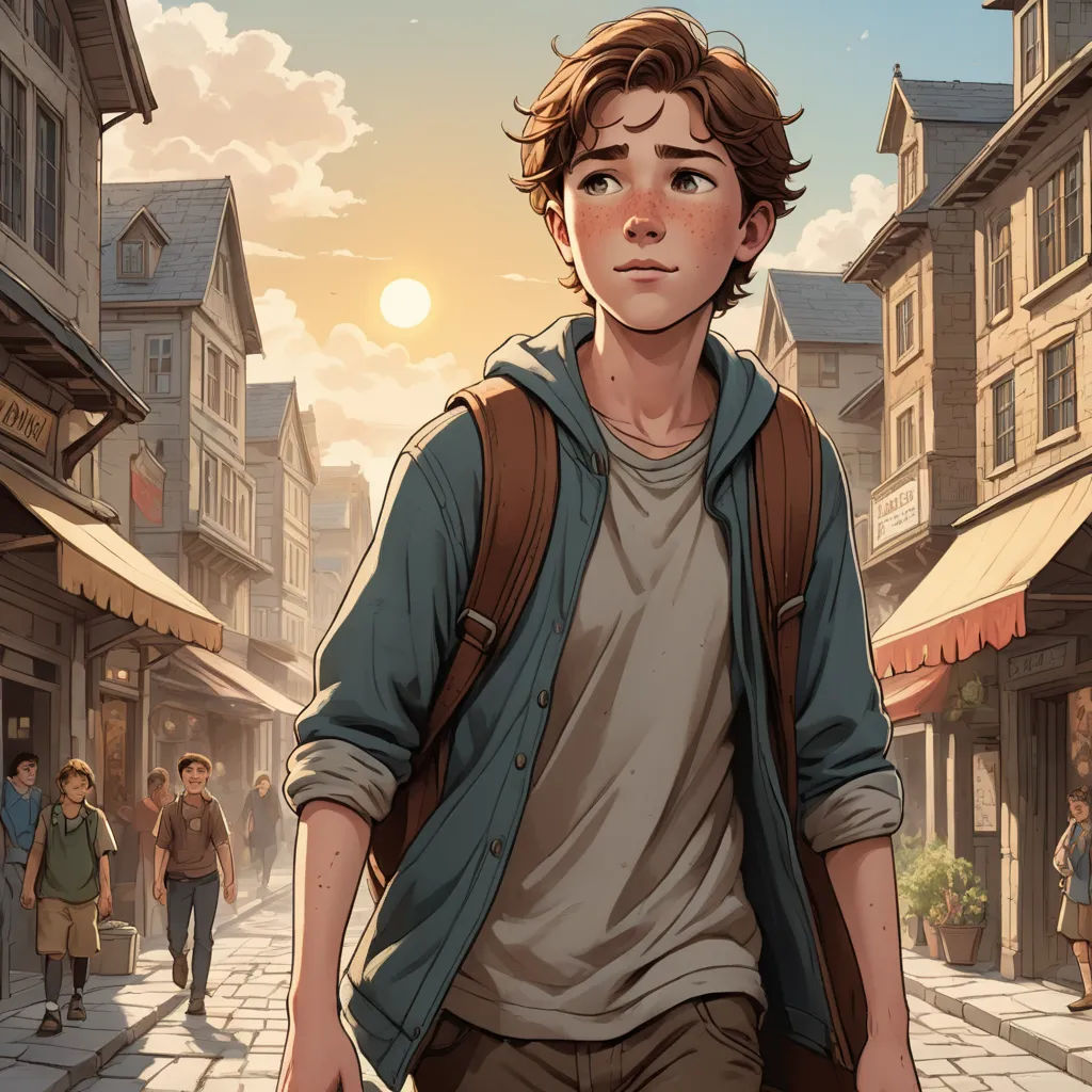 a boy is walking down a street in a town with people walking by him and a woman is walking away, fantasy art, a character portrait, Cedric Seaut (Keos Masons), kinkade