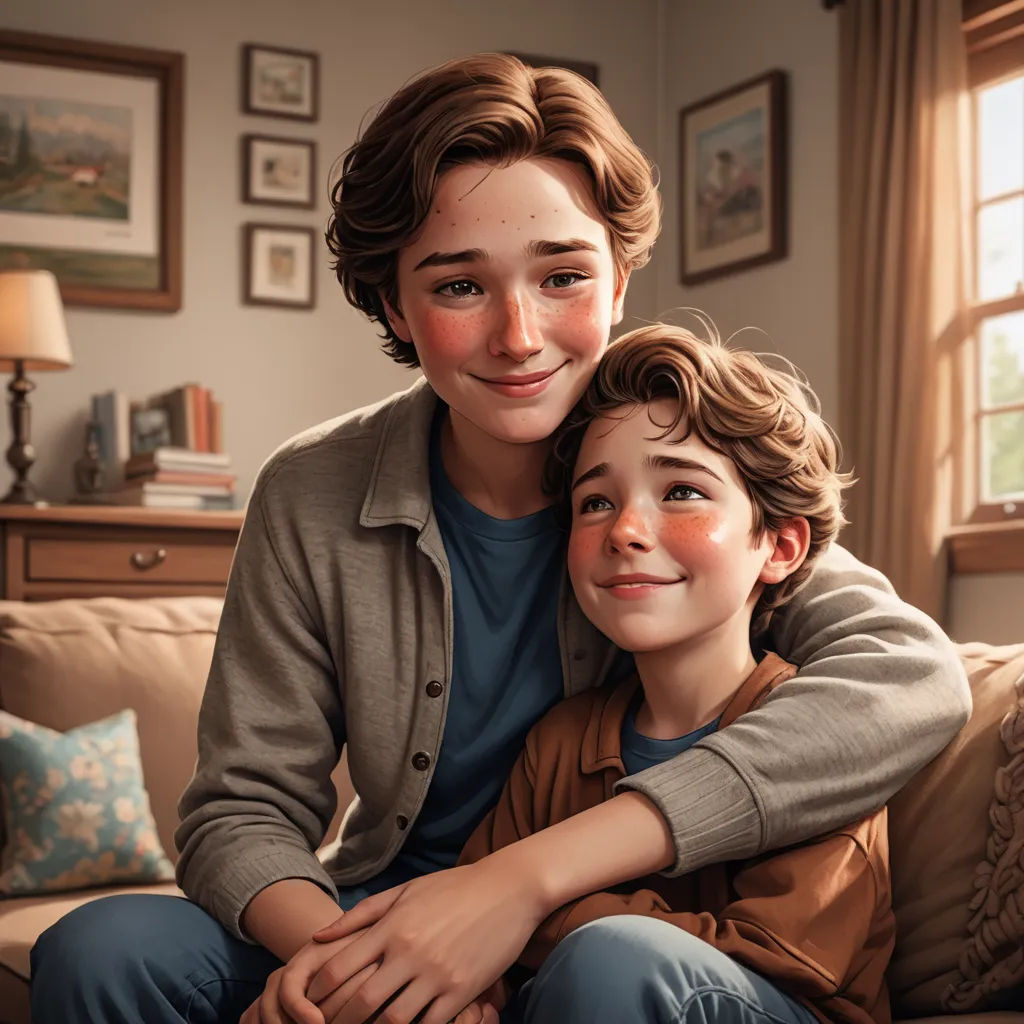a woman and a boy sitting on a couch together, with a painting of them in the background of the picture, photorealism, a digital painting, Alejandro Burdisio, ultra realistic digital art