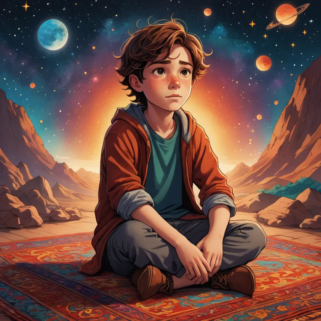 a boy sitting on a rug in front of a painting of planets and stars in the sky with a red jacket, space art, a storybook illustration, Aaron Jasinski, rossdraws global illumination