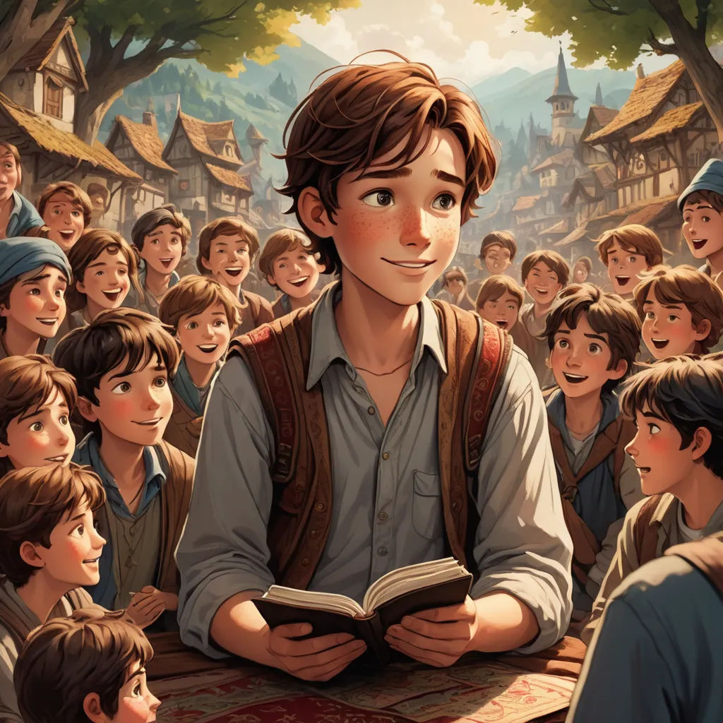 a boy reading a book in front of a crowd of children in a village with a forest and houses, fantasy art, a storybook illustration, Aaron Jasinski, storybook illustration