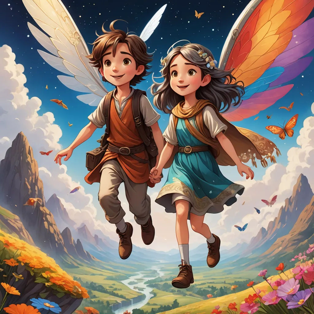 a couple of people that are flying in the sky with wings on their backs and a mountain in the background, fantasy art, a storybook illustration, Cliff Childs, official art