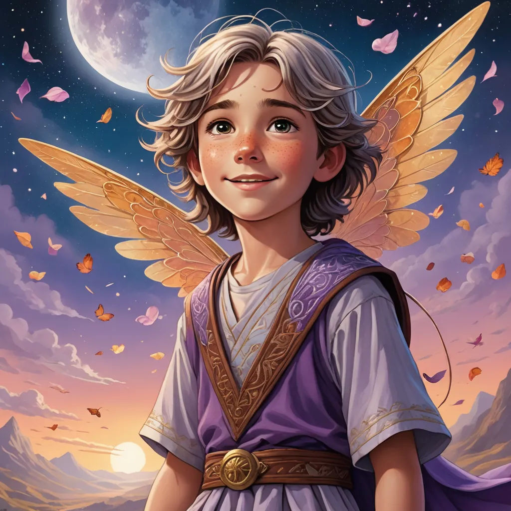 a painting of a young boy dressed as a fairy with wings and a purple dress and a purple cape, fantasy art, a storybook illustration, Cliff Childs, rossdraws global illumination