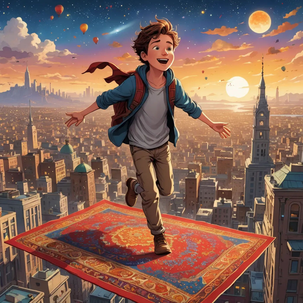 a boy is jumping over a rug in the air with a city in the background and a sky with balloons, magical realism, a storybook illustration, Chris LaBrooy, rossdraws global illumination