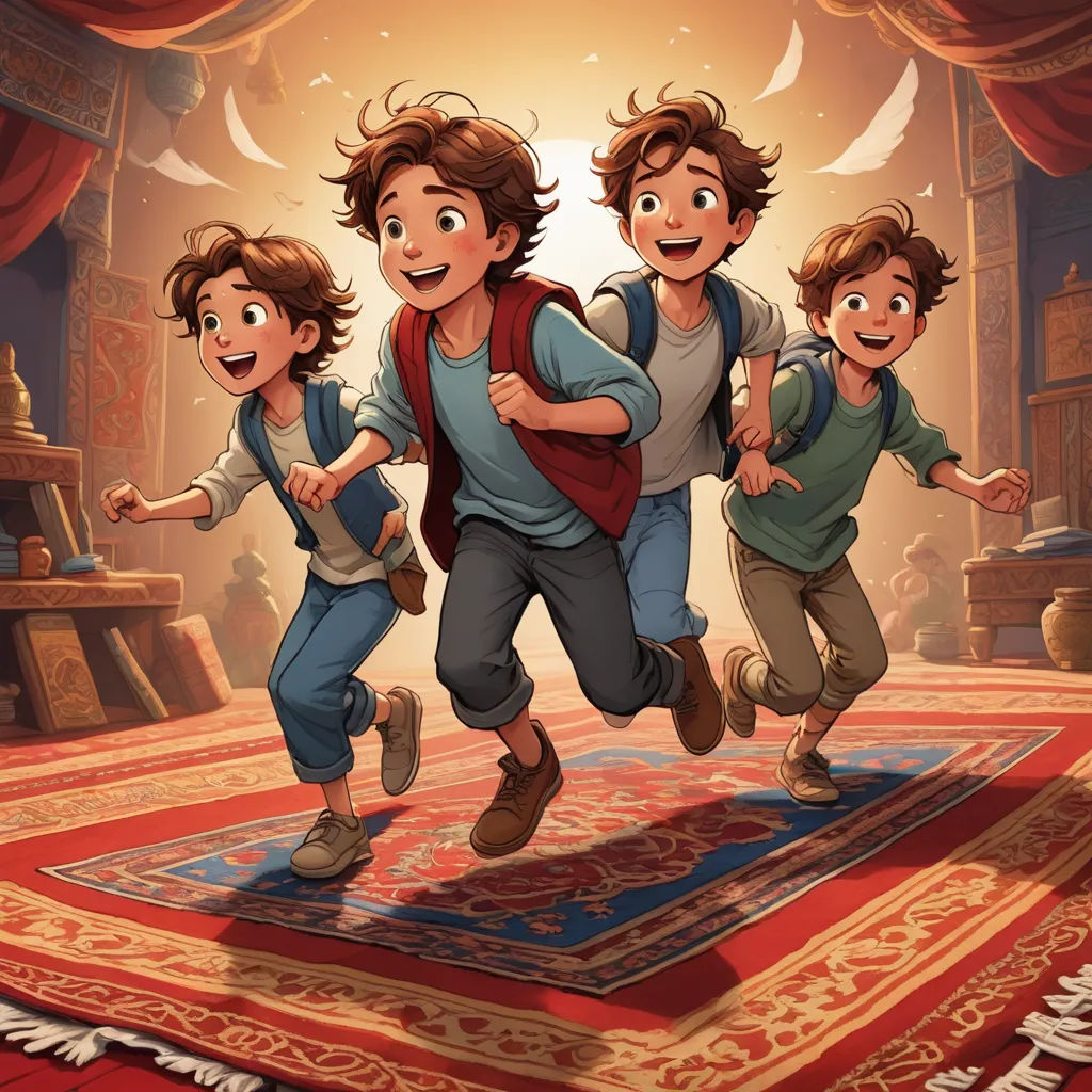 a group of kids running across a rug in a room with a red carpet and a red curtain on the wall, process art, a storybook illustration, Cliff Childs, official art