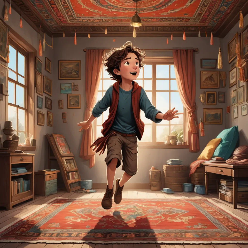 a boy is jumping in a room with a rug and a window in the background and a rug on the floor, fantasy art, a storybook illustration, Chris LaBrooy, rossdraws global illumination