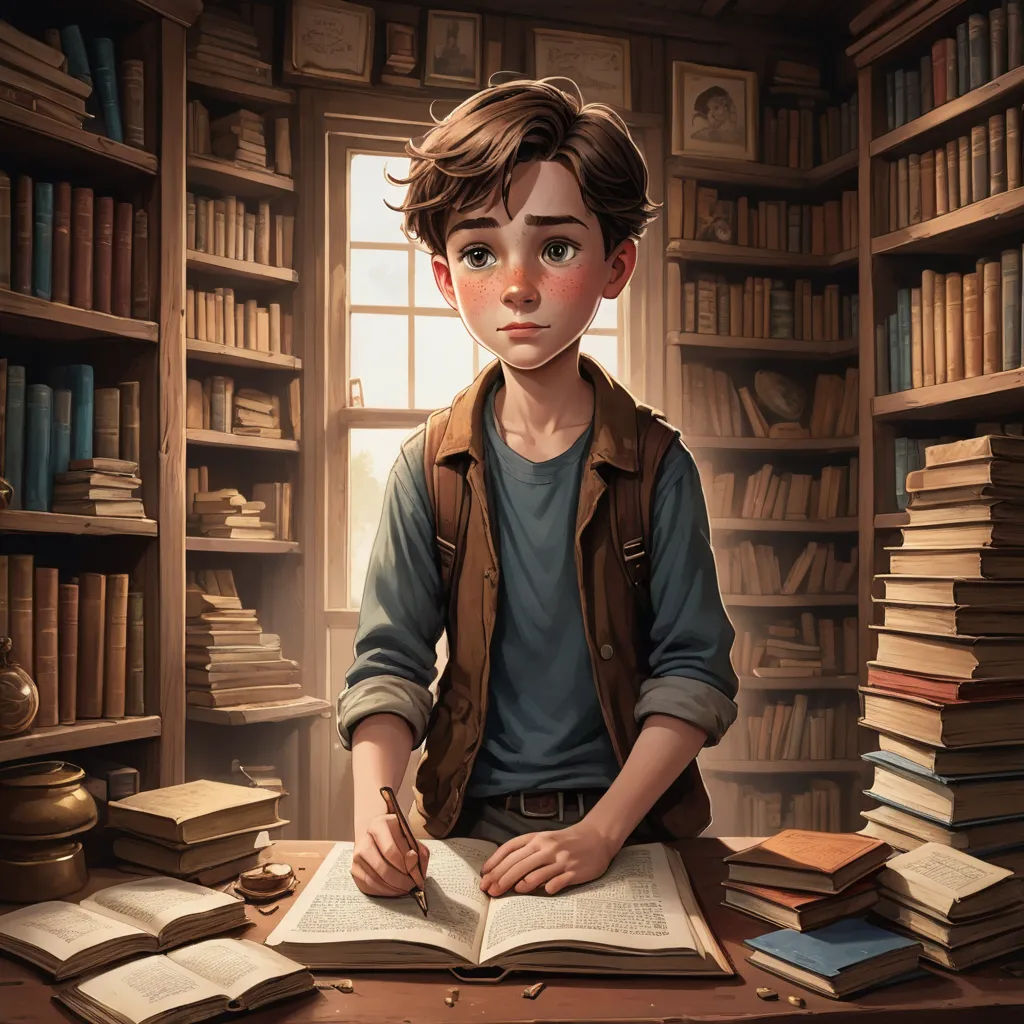 a boy sitting at a desk with a book in front of him and a lot of books on the shelves, fantasy art, a storybook illustration, Aaron Jasinski, stanley artgerm lau