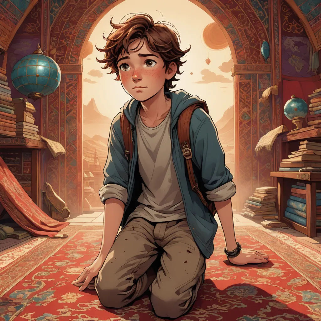 a boy sitting on a rug in a room with a bookcase and a ball of yarn in the background, fantasy art, a storybook illustration, Aaron Jasinski, rossdraws global illumination