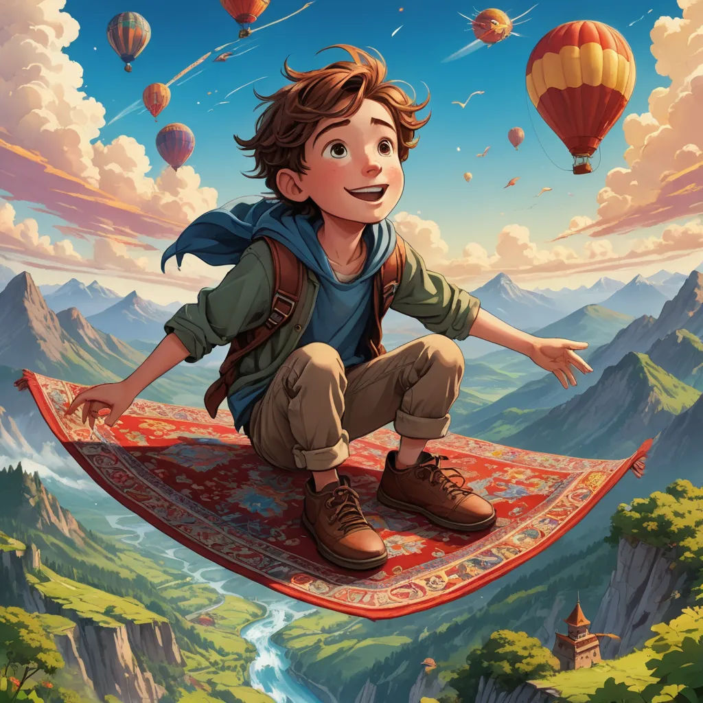 a boy is sitting on a rug in the air with hot air balloons flying above him and a river below, magical realism, a storybook illustration, Cliff Childs, rossdraws global illumination