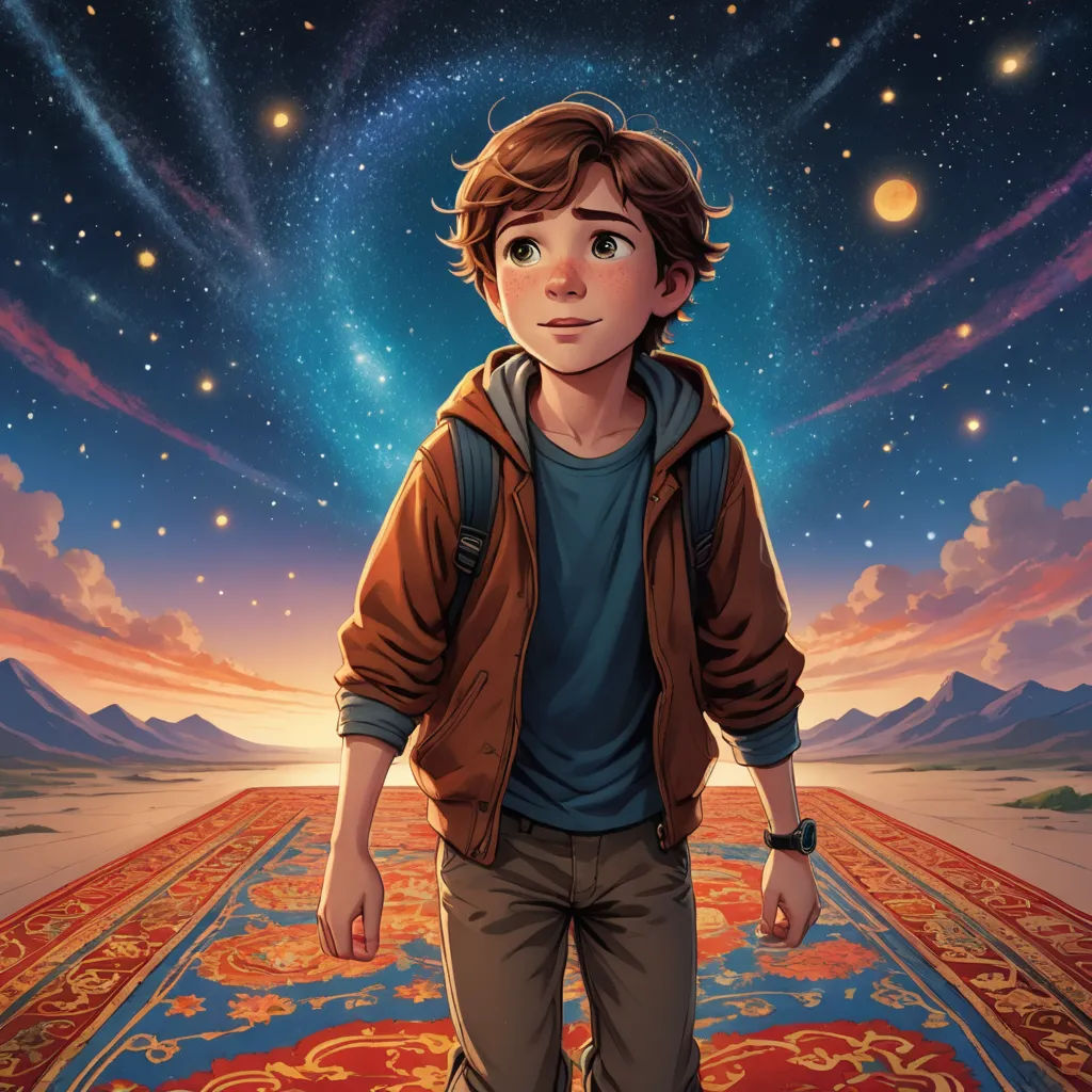 a boy standing on a rug in front of a sky with stars and a star filled sky behind him, magical realism, poster art, Aaron Jasinski, key art