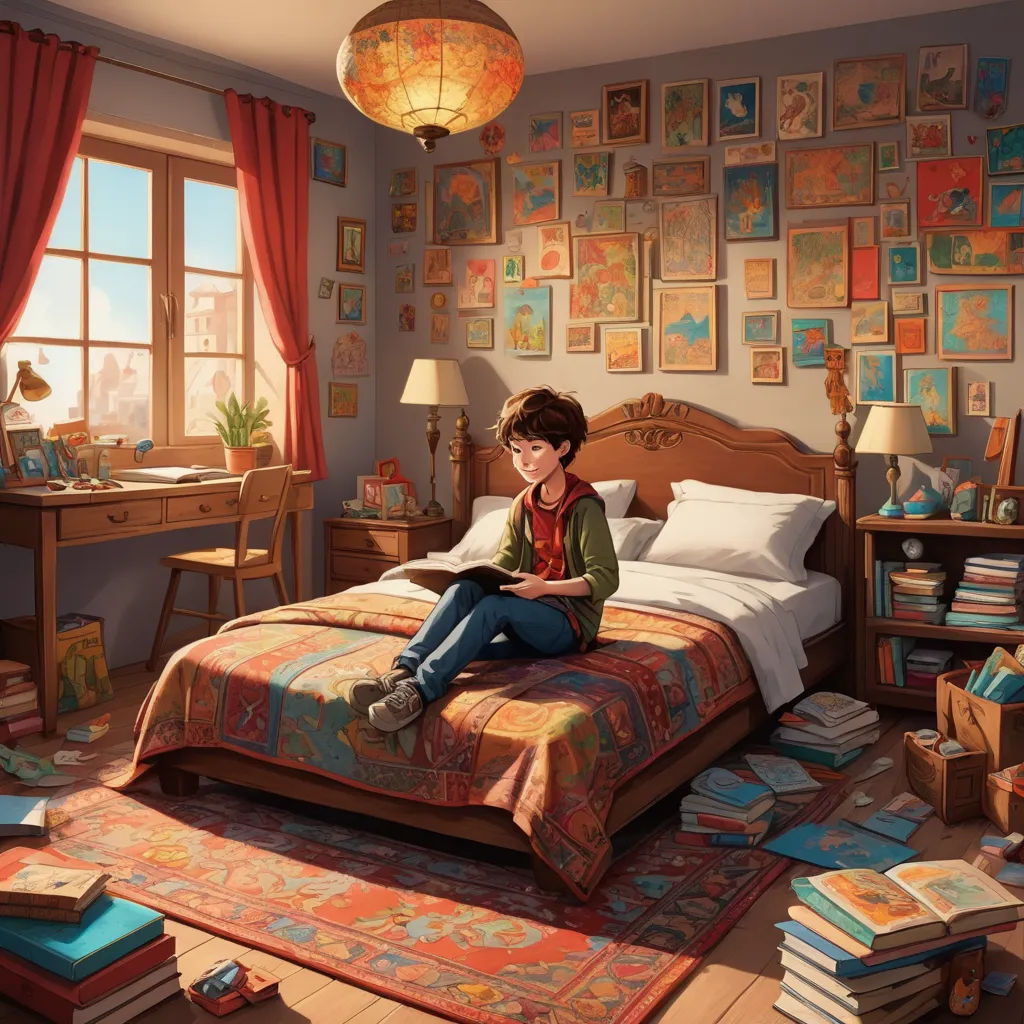 a painting of a person sitting on a bed in a bedroom with a lot of books on the floor, magic realism, a storybook illustration, Chris LaBrooy, storybook illustration