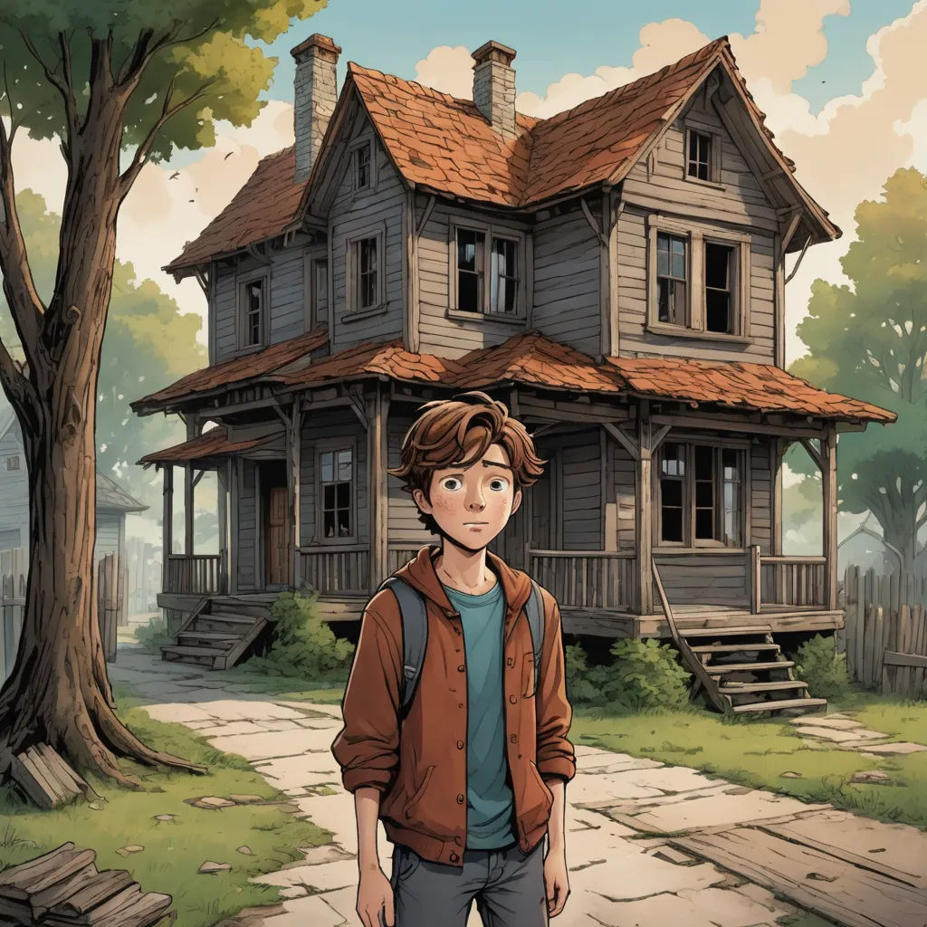a boy standing in front of a house with a tree in front of him and a dog in the yard, northwest school, a storybook illustration, Cedric Seaut (Keos Masons), comic cover art