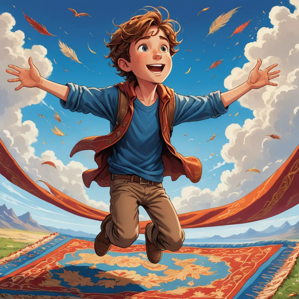 a boy jumping in the air with his arms wide open and his hands wide open in front of him, magical realism, a storybook illustration, Cliff Childs, official art