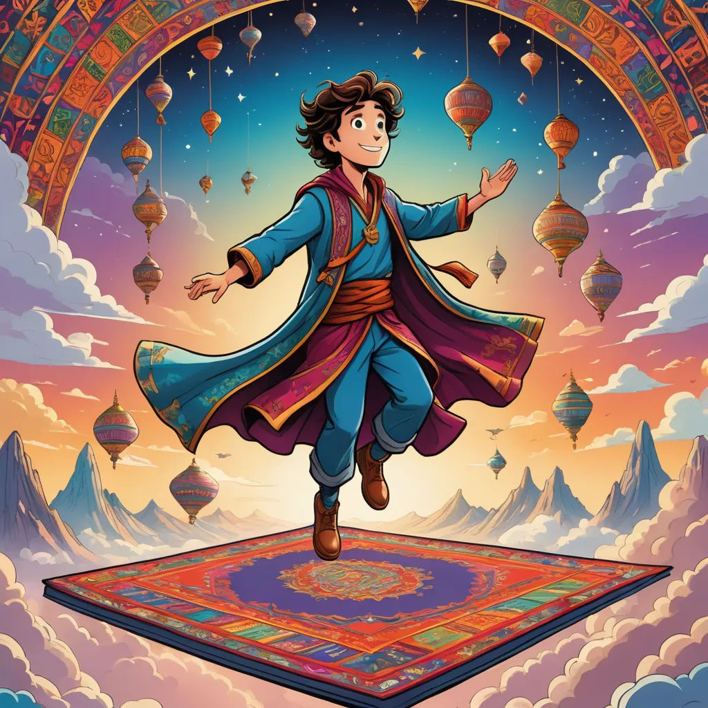 a cartoon character is standing on a rug in the sky with balloons floating above him and a man in a blue coat is standing on a rug, hurufiyya, poster art, Chris LaBrooy, official art