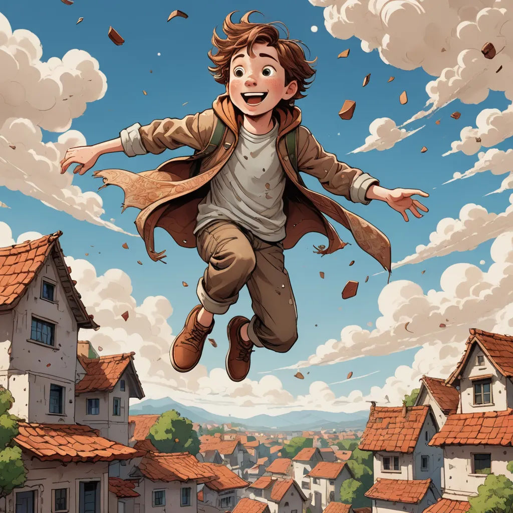 a boy is flying through the air with a coat on and a jacket on over his head and a house in the background, fantasy art, a storybook illustration, Cliff Childs, comic cover art