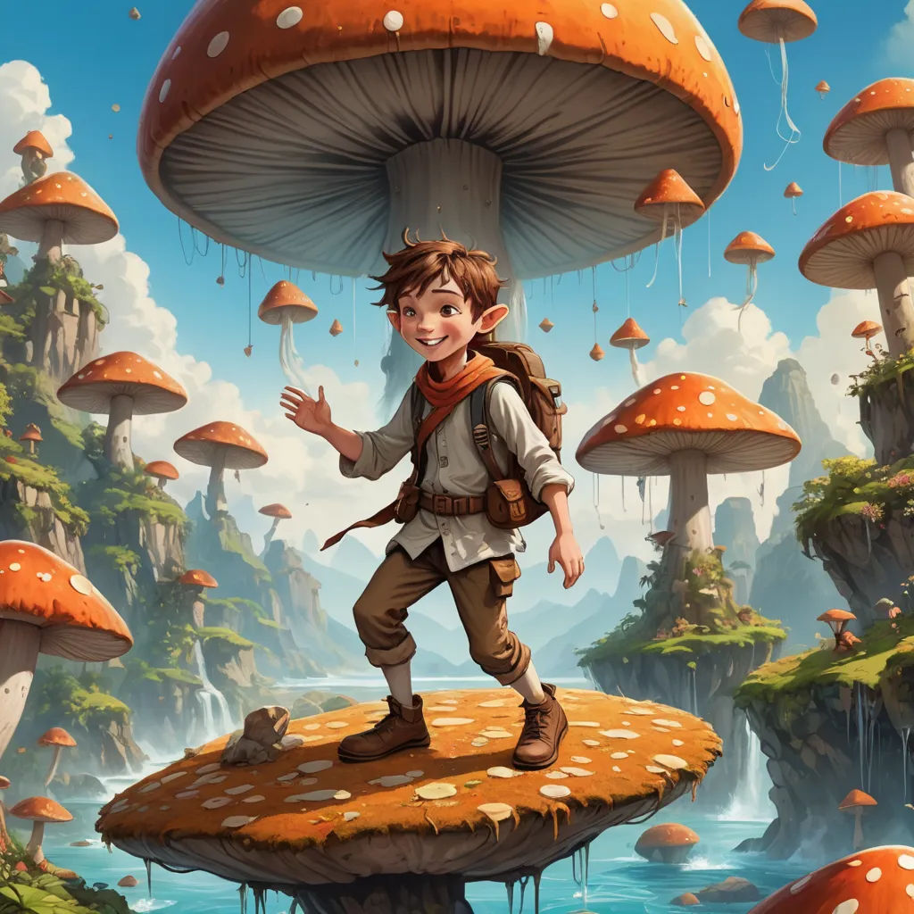 a boy standing on a mushroom like island with a backpack on his back and a waterfall in the background, fantasy art, a storybook illustration, Cliff Childs, rossdraws global illumination