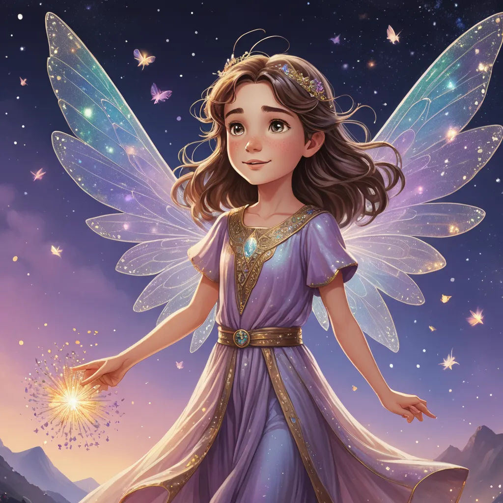 a fairy with a star in her hand and a purple dress on her chest, standing in the sky, fantasy art, a storybook illustration, Cliff Childs, kinkade