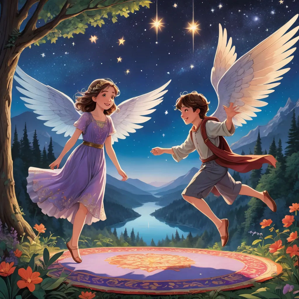 a boy and a girl are flying in the sky with wings above a forest and a star filled sky, magical realism, a storybook illustration, Cliff Childs, storybook illustration