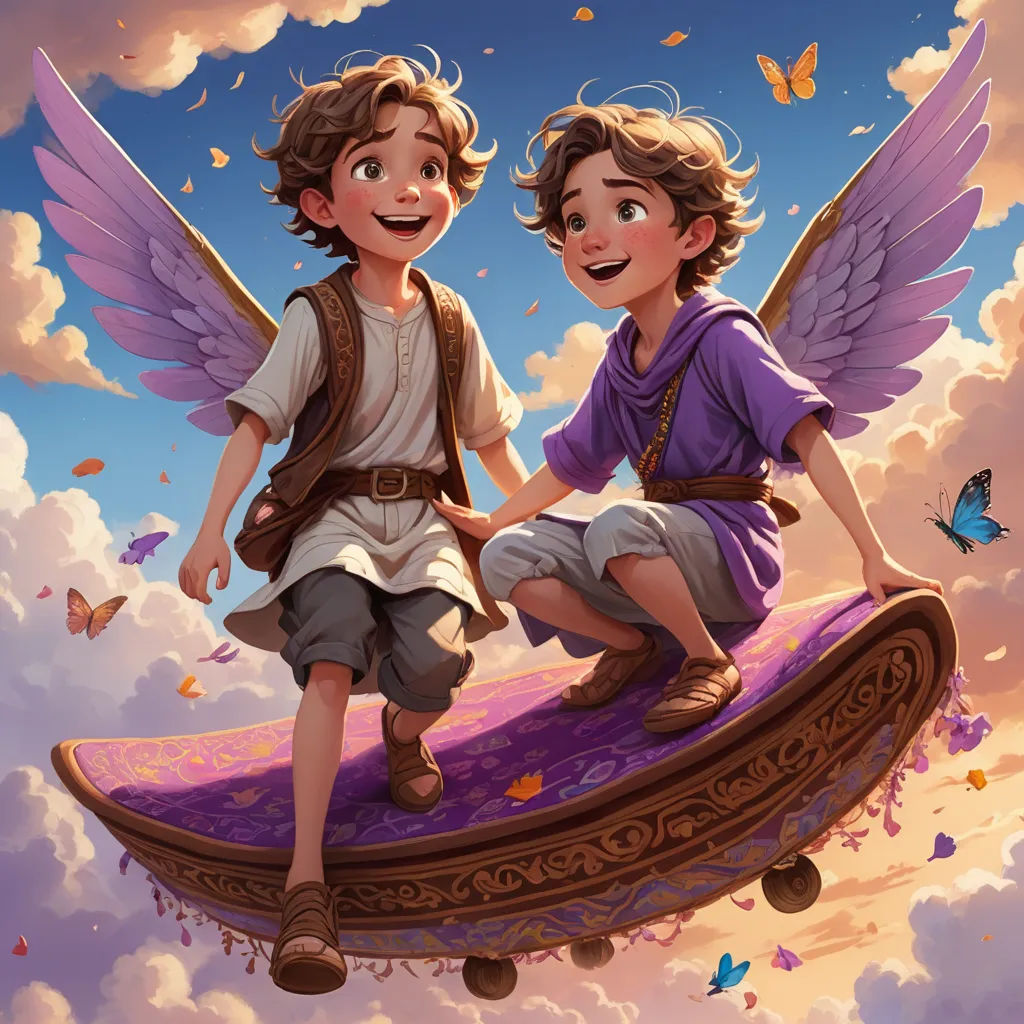 two children sitting on a purple object with wings on it, and a butterfly flying above them, in the sky, fantasy art, a storybook illustration, Clint Cearley, rossdraws global illumination