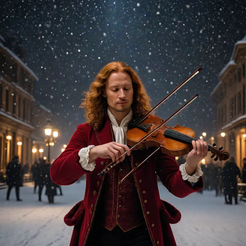 a man in a red coat playing a violin in the snow at night with people in the background and snow falling, a flemish Baroque, Fabien Charuau, rococo, promotional image