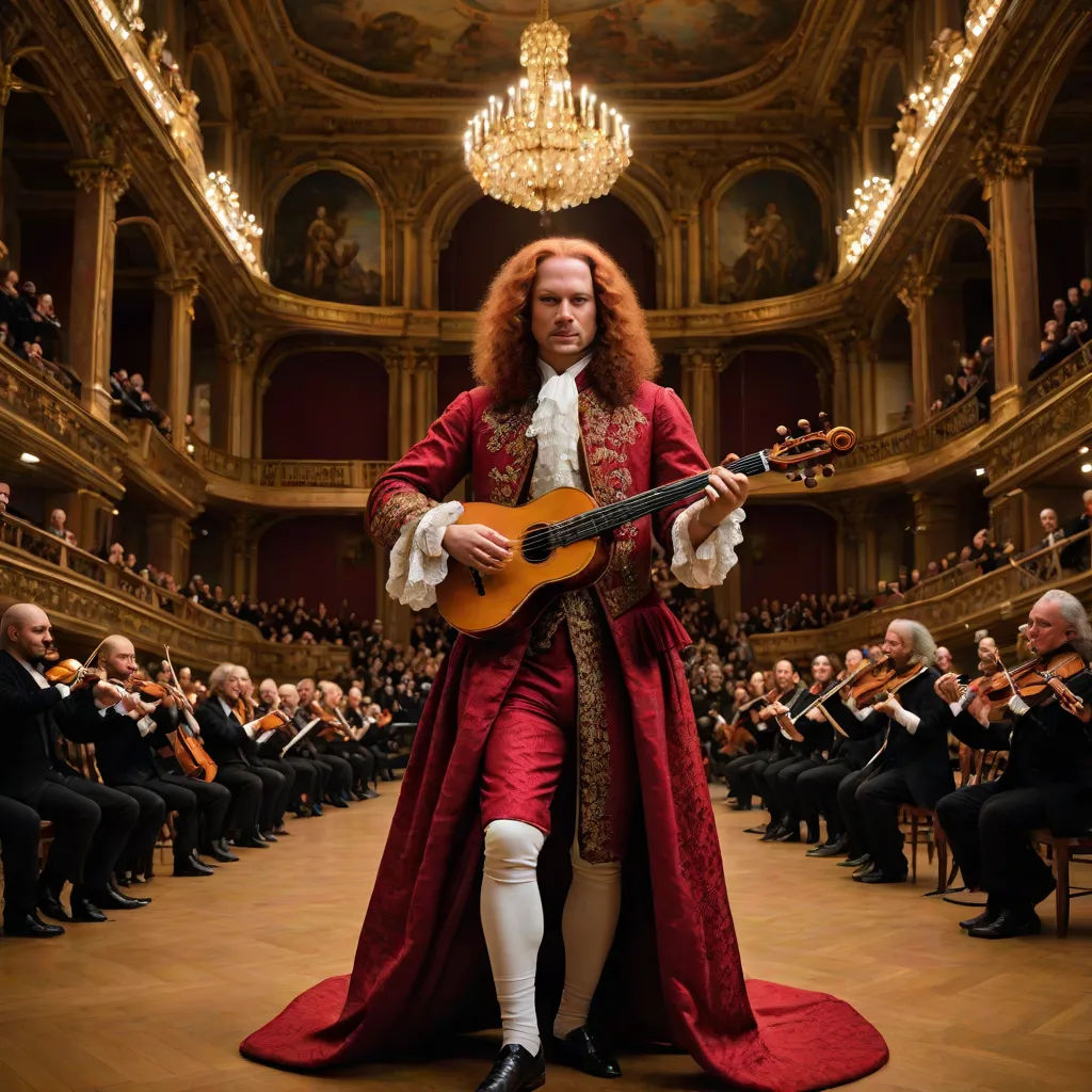 a man in a red outfit playing a guitar in a large room full of people in black suits and white socks, a flemish Baroque, David Teniers III, baroque, promotional image