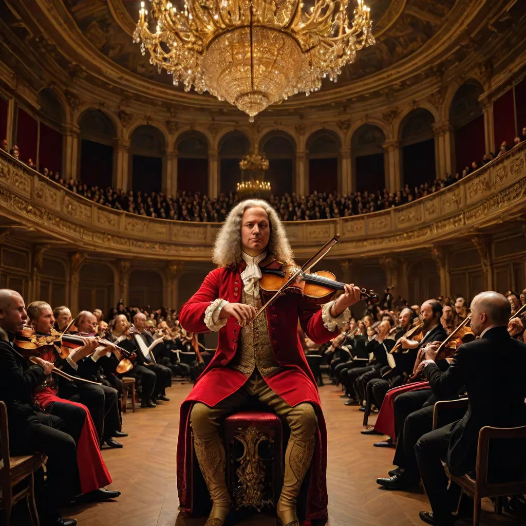 a man in a red suit playing a violin in front of a crowd of people in a large room, a flemish Baroque, Alexander Roslin, viennese actionism, promotional image