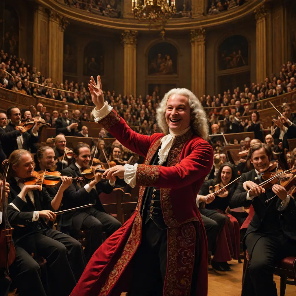 a conductor in a red outfit is in front of a orchestra and a conductor is holding a violin in his hand, a flemish Baroque, David Teniers III, baroque, promotional image