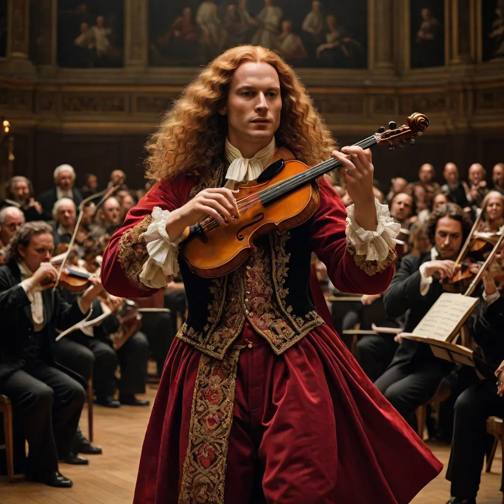 a man in a red dress playing a violin in front of a crowd of people in black suits and tuxedos, a flemish Baroque, Bartolomeo Cesi, baroque, promotional image