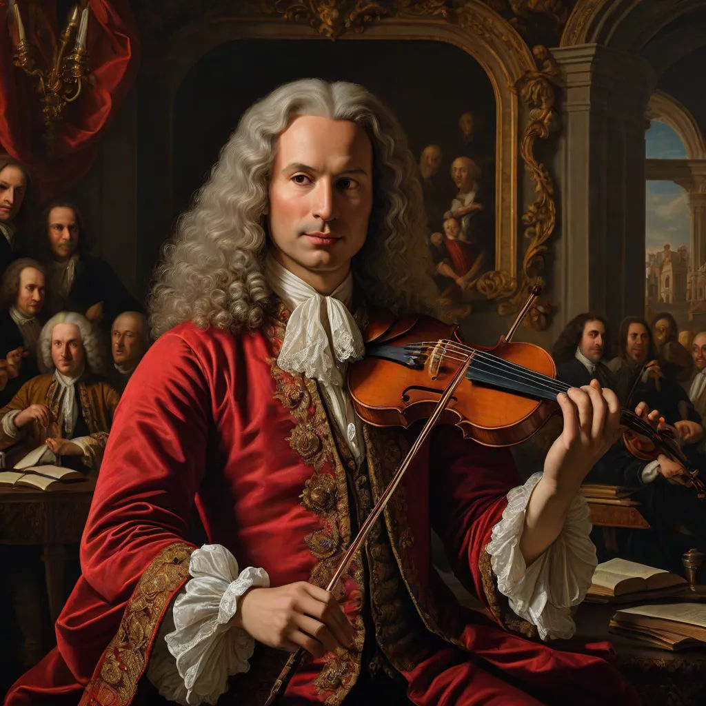 a painting of a man playing a violin in a room full of people in formal dress and in a red coat, a flemish Baroque, Alexander Roslin, rococo, highly detailed oil painting